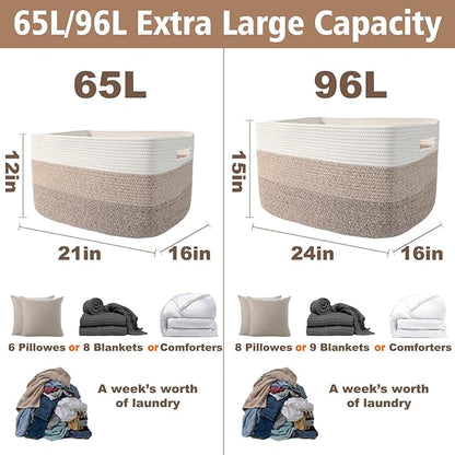 Woven Blanket Basket,96L Large Storage Bin for Blankets Toys Clothes,Decorative Rope Basket for Living Room Bedroom with Handles, White&Brown
