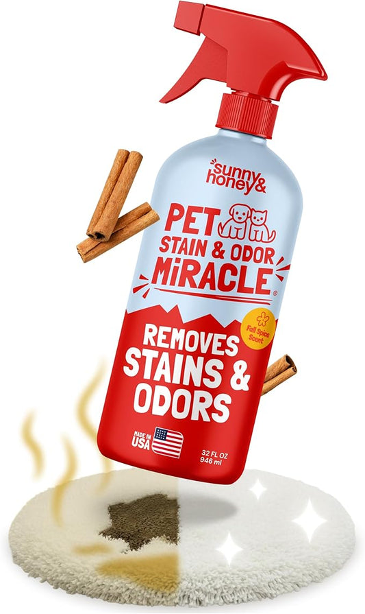 Sunny & Honey Pet Stain and Odor Remover - Enzyme Cleaner for Dog Urine and Poop on Carpets and Furniture - Strong Pet Carpet Cleaner Spray (32fl oz Fall Spice)