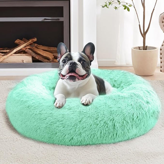 JOLLYVOGUE Calming Dog Bed for Small Dogs - 23 inches Donut Washable Small Dog Bed for Kittens & Puppies, Anti-Slip Round Fluffy Plush Faux Fur Cat Beds (Fits up to 25 lbs Pets, Mint Green)