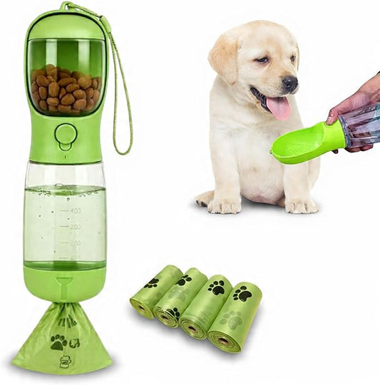3-in-1 Dog & Cat Water Bottle with Food Container & Poop Bag Holder – Includes 60 Extra Waste Bags – 13.5oz Leak-Proof, BPA-Free Portable Pet Travel Dispenser, Green
