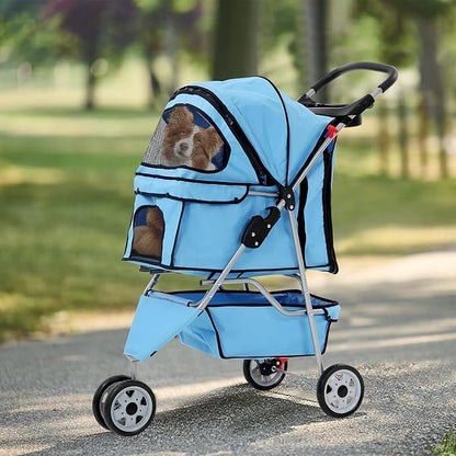 3 Wheels Dog Stroller, Foldable Pet Stroller for Small Medium Dogs, Portable Breathable Cat Stroller Dog Strollers with Storage Basket, Cup Holders, Removable Liner for Travel & Outdoor Use, Blue