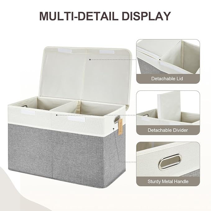 Large Toy Storage Box with Lid, Collapsible Toys Storage Organizer Bins with Dividers and Handles, Storage Chest Bin for Kids, Boys, Girls, Nursery 25"x13" x16" (Gray & White)