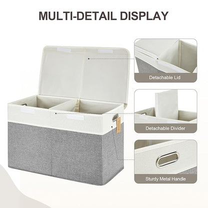 Large Toy Storage Box with Lid, Collapsible Toys Storage Organizer Bins with Dividers and Handles, Storage Chest Bin for Kids, Boys, Girls, Nursery 25"x13" x16" (Gray & White)