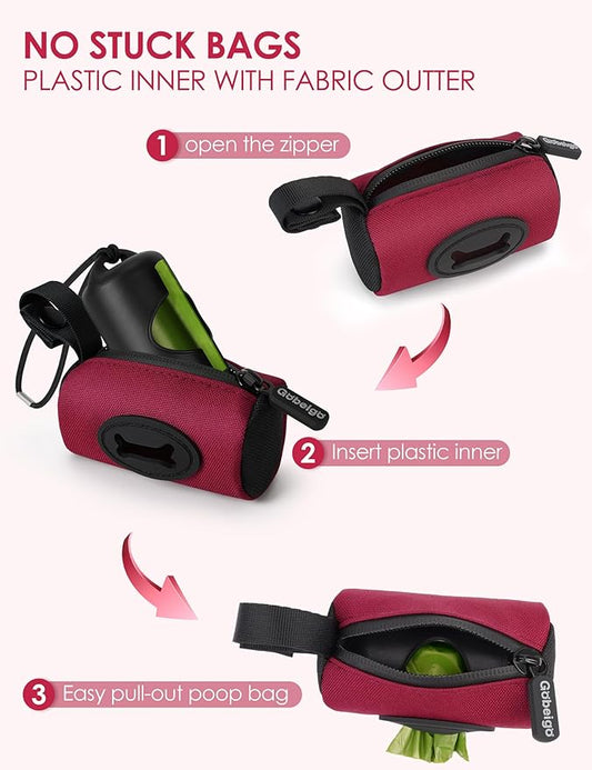 Gobeigo【Easy Pull-Out Version】 Dog Poop Bag Holder,【2-in-1 Hard Plastic Insert & Soft Fabric Bag】Snap-On Strap Dispenser Fits Retractable and Standard Leashes with 1 Roll Bags (Red)