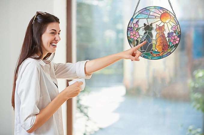 Greatingreat Cat Stained Glass Window Hanging, Home Room Decor 7.8 Inch Sun Catchers Indoor Window, Whimsical Decor for Christmas Mother's Day Birthday Gifts for Women Men Mom Nana