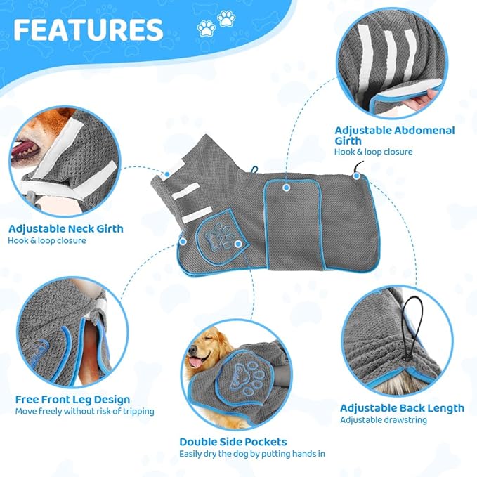 Dog Bathrobe Towel - Super Absorbent Dog Drying Coat, Warming Bath Robes for After Bath Shower Swim Walk for Small Medium Large Dogs Cats Pet