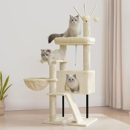 Gitelsnour Cat Tree for Indoor Cats, Cat Tower with Scratching Post for Small Cats and Kittens, Cat House with Removable Top Platform and Fluffy Balls, Hanging Cat Basket, Beige GCT006SM