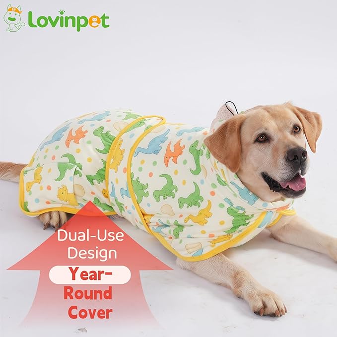 LovinPet 3‑in‑1 Dog Warm Winter Coat & Bathrobe, Hooded Dinosaur Fleece, Lightweight High‑Loft, Absorbent Knit, Quiet Hook‑and‑Loop, Wind‑Blocking Edges, Dog Robes for Medium & Large Dogs, Yellow,L