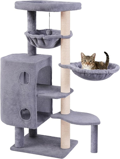 HUITREE 45in Cat Tree Tower with Big Condo for Indoor Cats,Cat Tower with Scratching Post,Scratching Board and Cat Toys,Multi-Level,Small Space,Transformer Cat Tree (Grey+)