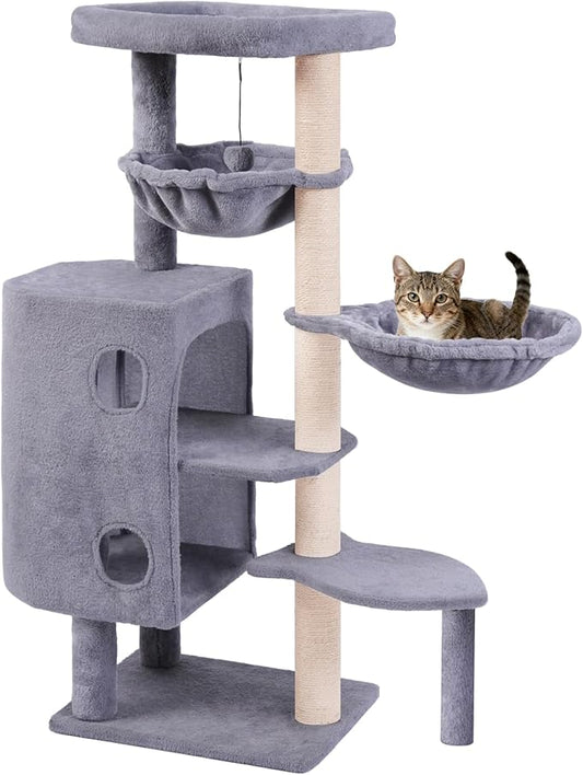 HUITREE 45in Cat Tree Tower with Big Condo for Indoor Cats,Cat Tower with Scratching Post,Scratching Board and Cat Toys,Multi-Level,Small Space,Transformer Cat Tree (Grey+)