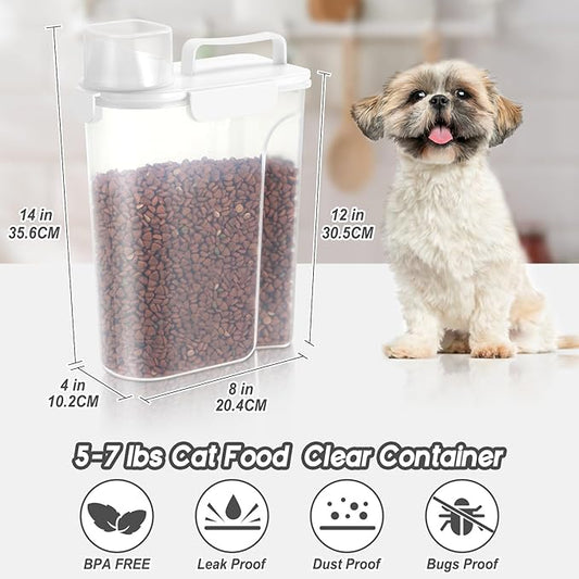 5-7Lbs Dog Cat Food Storage Container with Upgraded Large Nozzle BPA-free, 4 Snap Seals Plastic Pet Food Storage Containers with Handles (White, 5L-1pack)