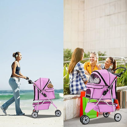 TTY Store Best 3 Wheels Pet Stroller for Dog Cat or Small Pet, Lightweight Foldable Pink