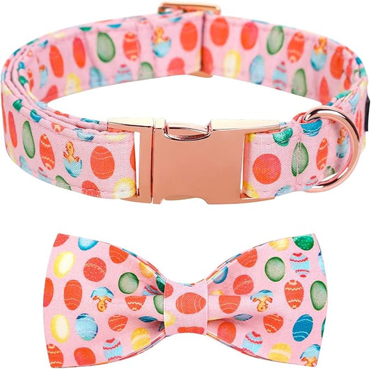 Maca Bates Easter Day Dog Collar with Fancy Bow Tie for Small Girl Boy Dogs, Pink Easter Egg,Chick Pattern,Adjustable Durable Soft Breakaway Collars for Male Female Puppy
