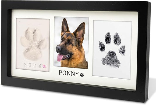 MYPAWLETS Extra Large Paw Print Frame Kit,Dog/Cat Paw Print Kit,Soft Pawprint Clay&Clean Touch Ink Pad,Pet Paw Print Impression Kit with Customization Tool,Wooden Pet Memorial Frame-Black