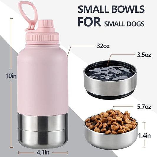 Insulated Dog Water Bottle with 2 Bowls, 32oz Travel Stainless Steel Double Wall Thermos, Portable Pet Dispenser, Gifts for Puppy Small Medium Dogs Walking Hiking and Camping