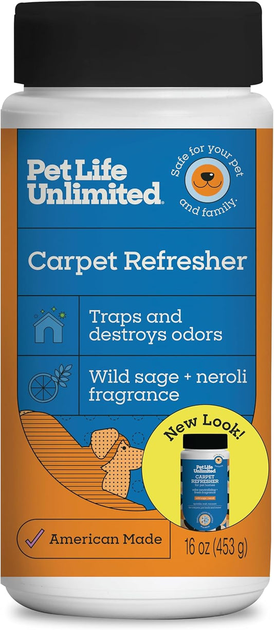 Pet Life Unlimited Carpet Deodorizer Powder, 16 oz, Strong Pet Odor Eliminator & Carpet Freshener, Plant-Based Wild Sage & Neroli Scent, Pet Safe (Pack of 1)
