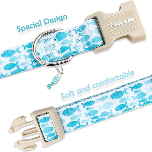 Faygarsle Fish Pattern Dog Collar, Adjustable with Buckle, Blue and White, Summer Design for Small Medium Large Dogs XS