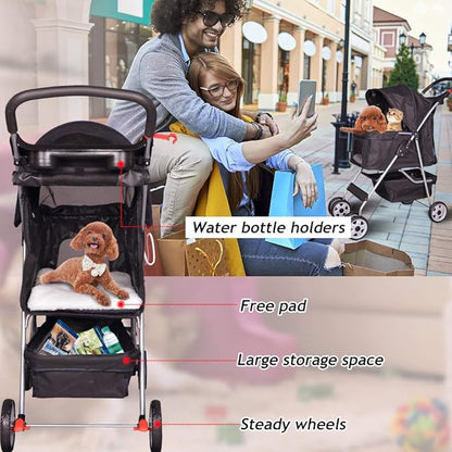 4 Wheel Pet Stroller Cat Dog Cage Stroller Travel Folding Carrier with Cup Holder and Removable Lining for Small and Medium Dogs, Cats (Black)
