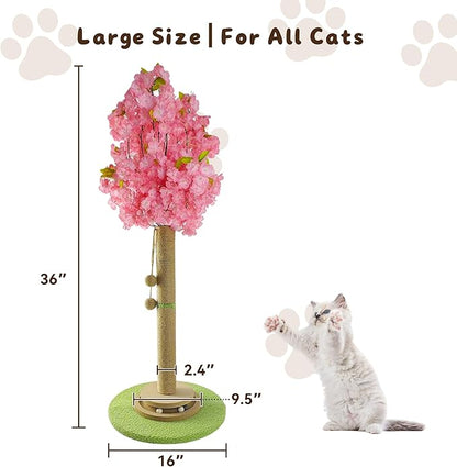 Cherry Blossom Cat Scratching Post, 36" Tall Natural Sisal Sturdy Base Tower with Interactive Trackball Toy for Indoor Kittens & Large Felines, Japanese Aesthetic Floral Furniture Decor