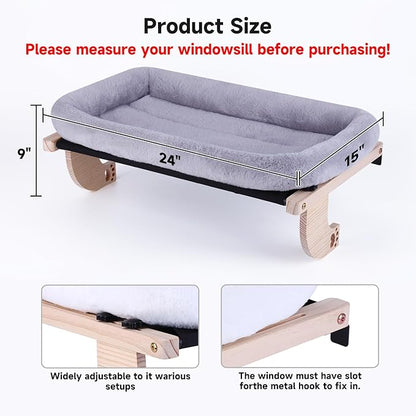 Cat Window Perch Hammock Wall Shelves Beds for Indoor Cats Supplies Design Robust Metal Frame Seat Large Cats and Kittens Pets Natural Wood, 24''L Easy to Adjust Windowsill, Bedside (White)
