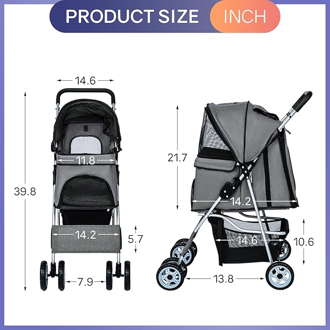 BestPet 4Wheels Pet Dog Stroller for Folding Lightweight Cat Travel Stroller with Cup Holder,Grey