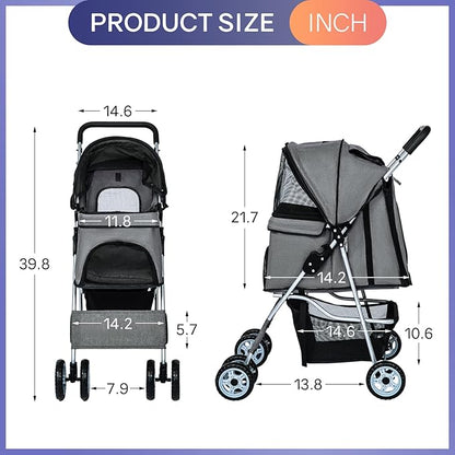BestPet 4Wheels Pet Dog Stroller for Folding Lightweight Cat Travel Stroller with Cup Holder,Grey