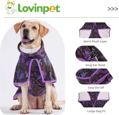 LovinPet 3‑in‑1 Dog Warm Winter Coat & Bathrobe, Hooded Dinosaur Fleece, Lightweight High‑Loft, Absorbent Knit, Quiet Hook‑and‑Loop, Wind‑Blocking Edges, Dog Robes for Medium & Large Dogs, Black,XL