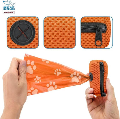Best Pet Supplies Dog Poop Bag Holder Leash Attachment with 15 Bags, Orange, Reusable Mesh Dispenser Pouch for Travel, Walking, Park, and Outdoor Use, Soft and Durable with Clip-On