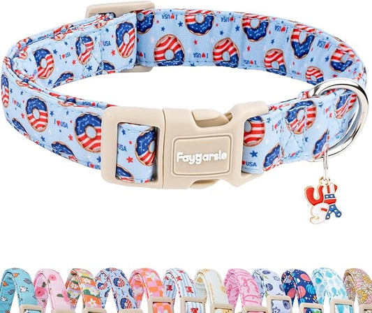 Faygarsle Patriotic Dog Collar, 4th of July Design, American Flag Pattern, Light Blue Summer Design for Small Medium Large Dogs M