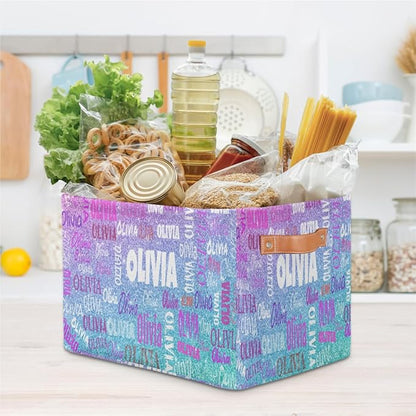 Custom Rectangle Storage Basket, Personalized Name Organizer Bin for Pet/Children Toys, Books, Clothes, Perfect for Rooms/Playroom, Light Blue Purple Glitters Bling