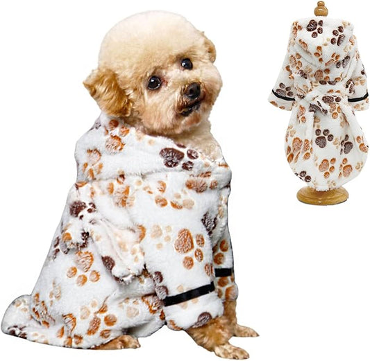 Small Dog Bathing Towel, Adjustable Dog Bath Robe for Cold Weather, Puppy Pajamas Warm Flannel Dogs Pjs, Pet Coats for Small Dogs White Paw M