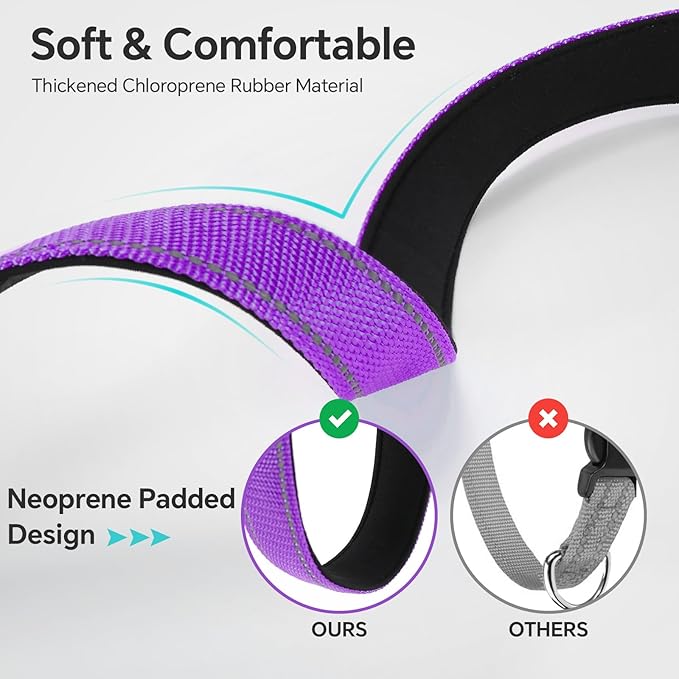 Reflective Dog Collar with Quick Release Buckle - Metal Ring - Adjustable Soft Neoprene Padded Basic Dog Collar for Small Medium Large Dogs (Purple, Large :Width 1",Neck 15.7-23.6")