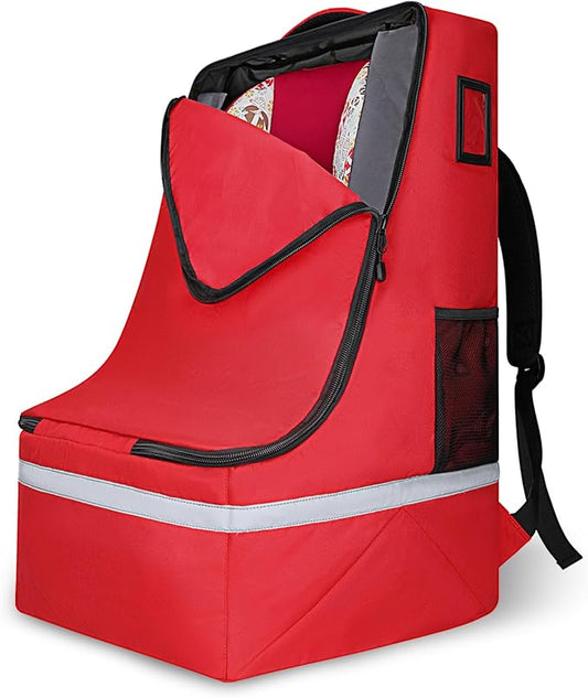 LARIPOP Car Seat Travel Bag for Airplane Gate Check Approved, Padded Backpack with Adjustable Straps, Reflective Strips & Protective Feet for Infant Convertible Booster Seats, Red