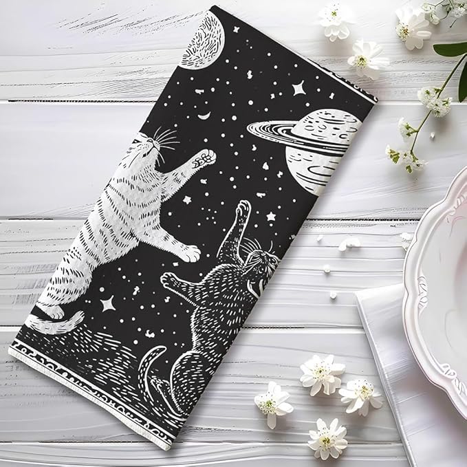 Cat Kitchen Towels - Quick-Dry Monochrome Star-Gazing Cats Art, Duo Obsidian & Ivory Silhouettes Hand Cloth for Celestial Pet Moms | Decorative Dish Towel & Ethereal Home Accent, Astronomical Gift
