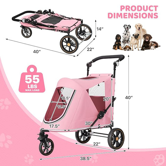 Magshion Pet Stroller for Medium Dogs w/Adjustable Handle, 3-Wheel Dog Cat Wagon w/Dual Entry, Rear Storage, Breathable Mesh, One-Foot Brake, Ideal for Large Pets up to 55 lbs, Pink