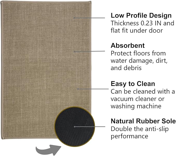 Ultra Thin Indoor Door Mat, Non-Slip Natural Rubber Backing Inside Doormat, Washable, Low-Profile Entrayway Mats, Durable Dirt Trapper for Various Entrance, 29''X17'', Brown