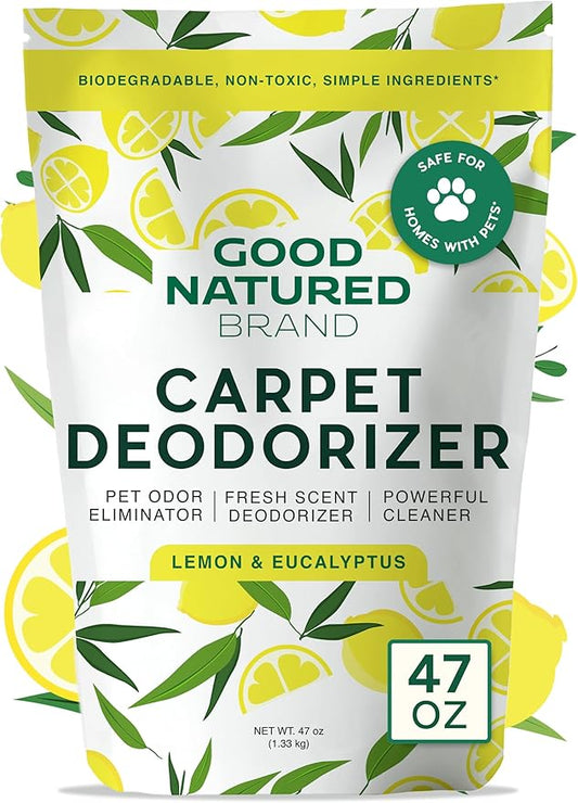 Good Natured Brand | Carpet Deodorizer & Freshener Powder | 47 oz Pet Odor Eliminator for Strong Odor & Pet Urine | Fresh Natural Lemon & Eucalyptus Scent | Safe for Homes with Pets