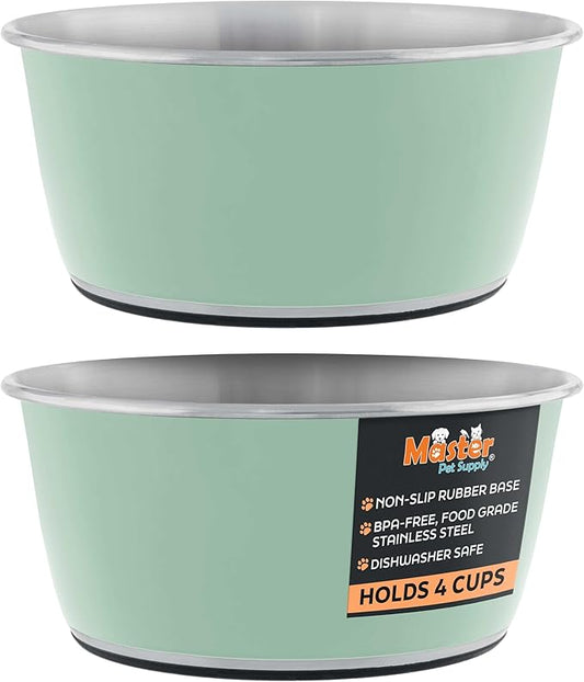 Master Pet Supply Stainless Steel Dog Bowls Set of 2 (32 Oz Each) with Non-Slip Rubber Base - Pistachio - Basic Dog Food Bowl Water & Food Bowls for Small Medium Large Dogs & Cats, Metal Dish