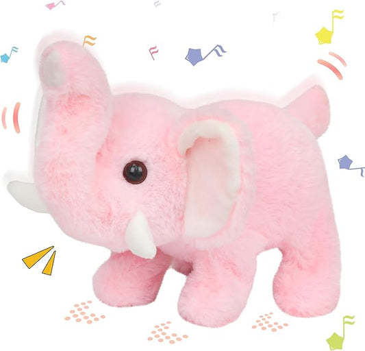 Hopearl Walking Elephant Interactive Crawling Elephish Electronic Plush Toy Animated Gifts for Toddlers Birthday, Pink, 8''