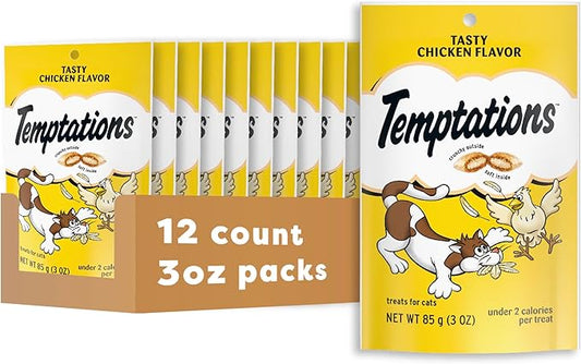 Temptations Cat Treats Classic Crunchy and Soft Cat Treats, Tasty Chicken Flavor, 3 oz. Pouch (Pack of 12)