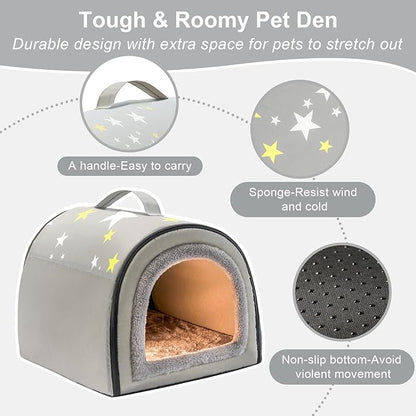Jiupety Cozy Small Pet Dog House, 2 in 1 Puppy House, S Size for Cat and Puppy, Warm Cave Sleeping Nest for Cats and Dogs, S(14"×12"×11"), Up to 5 Lb, Grey