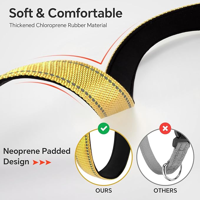 Reflective Dog Collar with Quick Release Buckle - Metal Ring - Adjustable Soft Neoprene Padded Basic Dog Collar for Small Medium Large Dogs (Yellow, Large :Width 1",Neck 15.7-23.6")