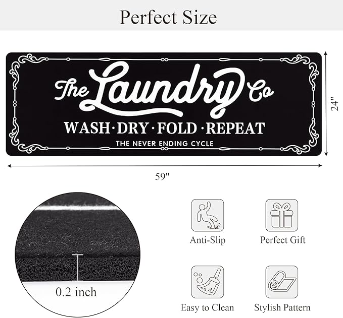 Pauwer Laundry Room Rug Runner 24"x60" Waterproof Rubber Laundry Mat Non Slip Kitchen Mats for Floor Washable Floor Mat Runner Rug for Farmhouse Mudroom Washroom Bathroom Decor
