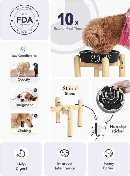 Ceramic Puzzle Slow Feeder Dog Bowl - 0.6 Cup Elevated with Wood Stand for Small Breeds, Black