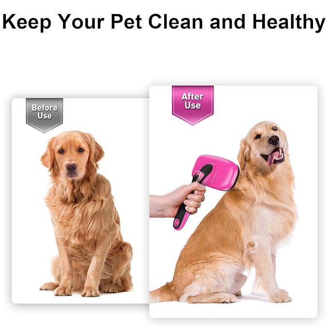 Self Cleaning Slicker Brush for Dog, Cat, Skin Friendly Shedding & Grooming Tool for Long and Short Haired Pets, Easy Clean Retractable Bristles, Pink