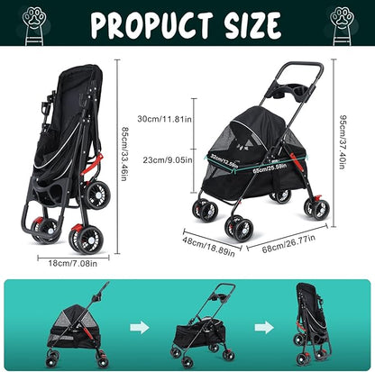 Pet Stroller,4 Wheels Outdoor Travel Pet Folding Stroller,Cat Strollers w/Removable Carrier,Dog Cat Cage Strollers with Cup Holder,Breathable and Visible Mesh for Medium Small Dog 1 Set
