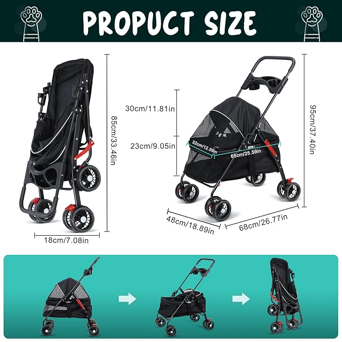 4 Wheels Pet Stroller for Medium Small Dog up to 50lbs, Dog Cat Stroller, Outdoor Travel Pet Folding Strollers, Cat Cage Strollers with Cup Holder, Breathable and Visible Mesh 1 Set