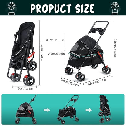 Dog Cat Stroller, 4 Wheels Outdoor Travel Pet Folding Stroller, Dog Cat Cage Strollers with Cup Holder, Breathable and Visible Mesh for Medium Small Dogs or Cats 1 Set