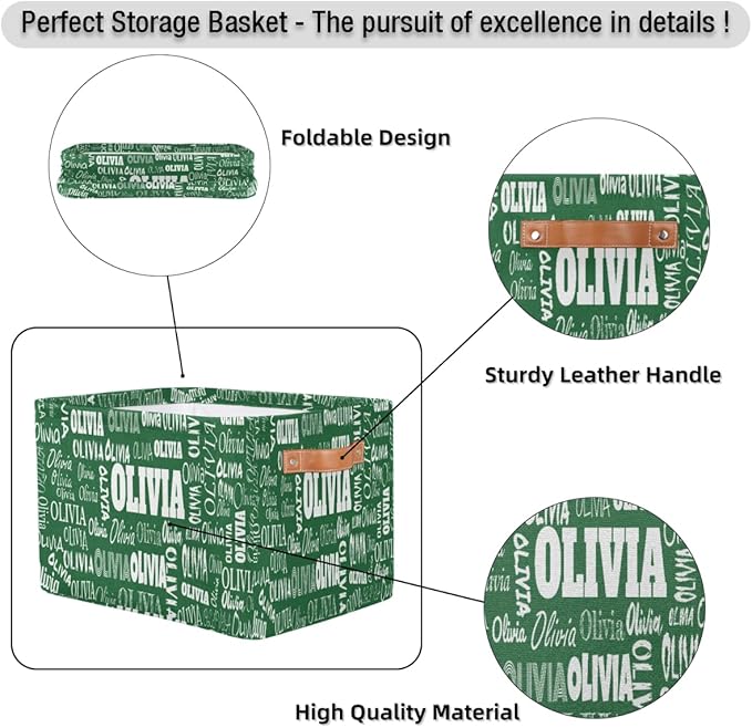 Personalized Name Storage Basket with Handles, Canvas Storage Bins Toys Clothes Organizer for Bedroom, Kitchen, Bathroom, Nursery, Shelves, Closets, Deep Green Color Background