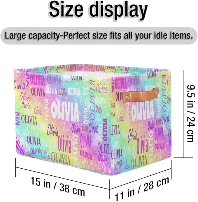 Personalized Kids Toy Box with Name, Custom Nursery Baskets Cubes Box, Kids Custom Storage Basket Laundry Baskets Organizer with Handles, Colorful Rainbow Color